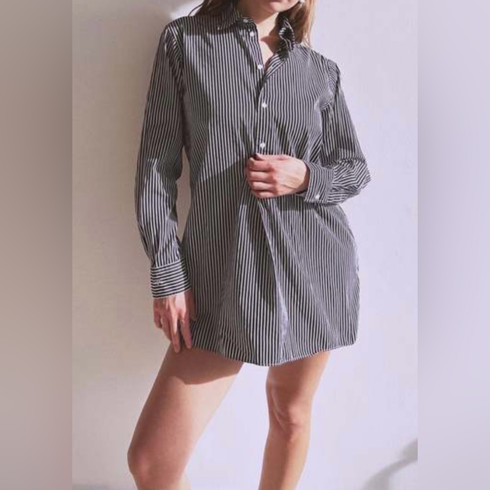 Polo Ralph Lauren 100% Cotton Striped Collared Tunic Shirt In Black/White Size M